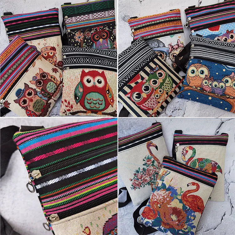 Miyahouse cute lady shoulder bag owl print messenger flap bag female mini canvas ladies bag double zipper ladies messenger bag