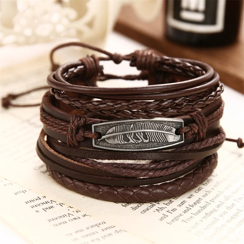 IFMIA Fashion Multilayer Leather Bracelets Set For Men Women Vintage Feather Rope Weave Handmade Beads Braided Bracelet Jewelry