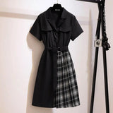 150Kg Plus Size Women's Summer Notched Sstitching Waist Dress Bust 150cm 5XL 6XL 7XL 8XL 9XL Plaid Asymmetric Dress Black