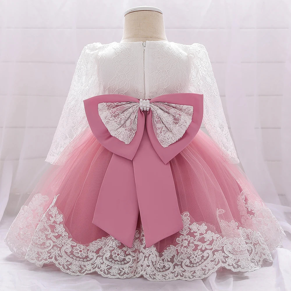 Baby Girls Dress Newborn Girl Long Sleeve Lace Party Wedding Dresses With Big Bow Infant Girl 1st Birthday Princess Dress