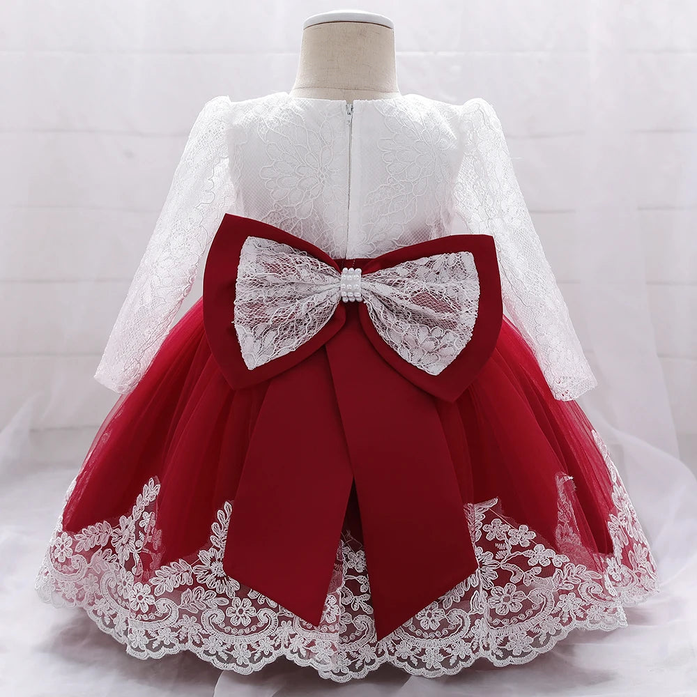 Baby Girls Dress Newborn Girl Long Sleeve Lace Party Wedding Dresses With Big Bow Infant Girl 1st Birthday Princess Dress
