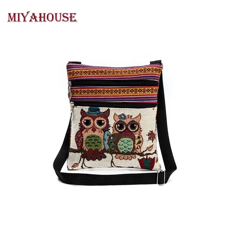 Miyahouse cute lady shoulder bag owl print messenger flap bag female mini canvas ladies bag double zipper ladies messenger bag