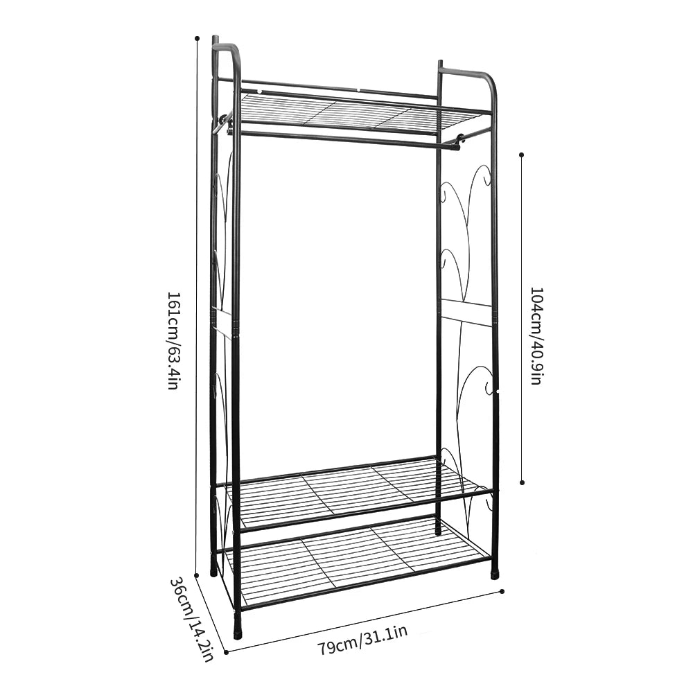 Heavy Duty Clothes Rail Clothes Rack Black Metal Garment Rack Stand for Bedroom with Storage Shelves 2 Shelf Shoe Rack