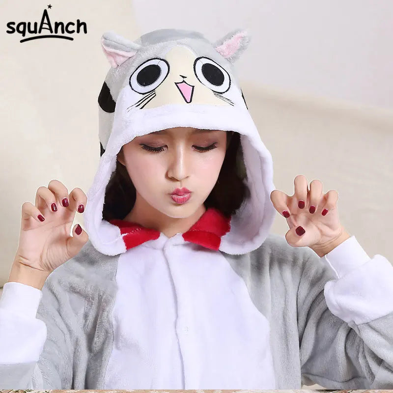 Kawaii Cat Onesie With Slippers Kitty Pajama Animal Kigurumis Women Girl Adult Overall Winter Warm Soft Homewear Party Jumpsuit