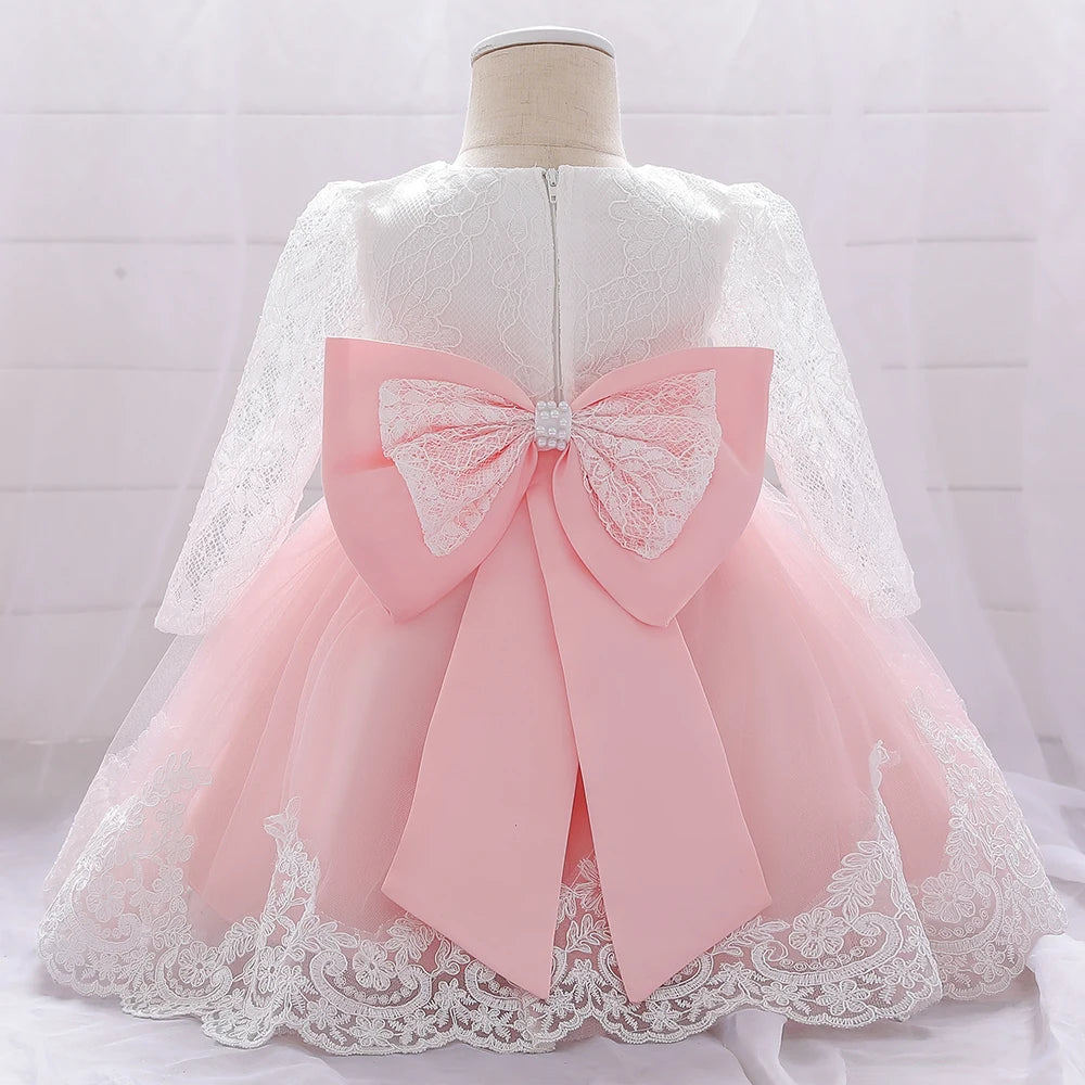 Baby Girls Dress Newborn Girl Long Sleeve Lace Party Wedding Dresses With Big Bow Infant Girl 1st Birthday Princess Dress