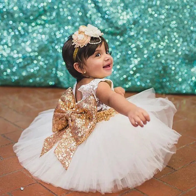 6M-10Y Toddler Baby Kid Girls Dress Princess Lace Bow Sequins Wedding  Party Dresses Christening  1st Birthday Dress