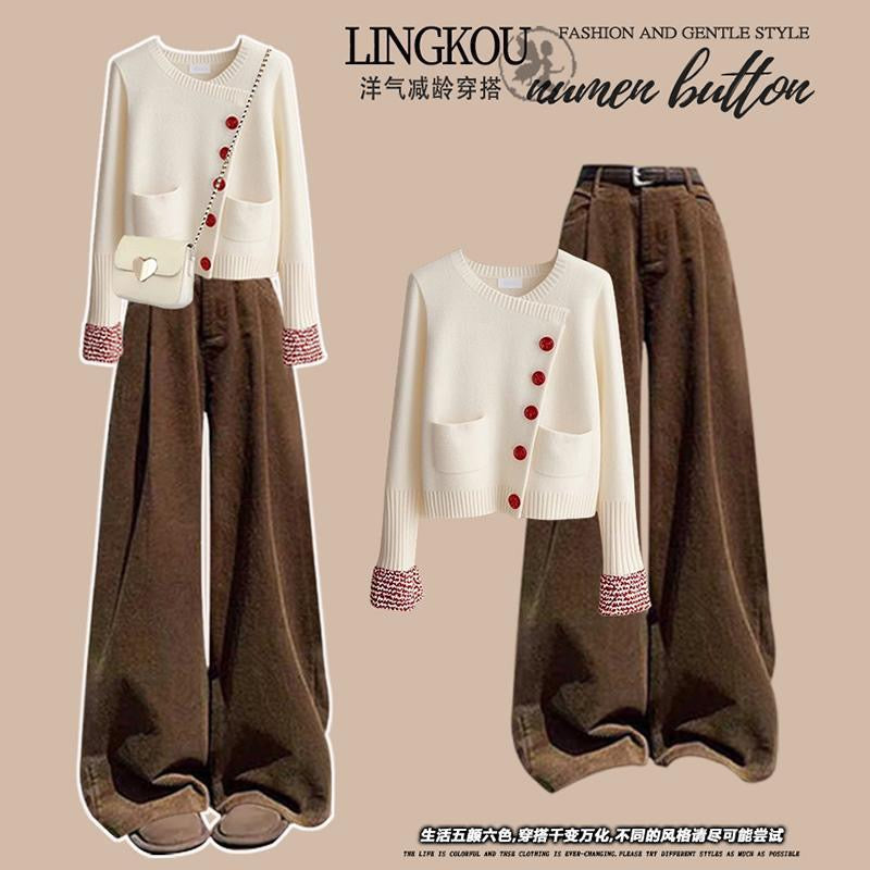 Autumn and winter wear a complete set of women's clothing new gentle sweater knitted cardigan with Christmas red casual pants two-piece set