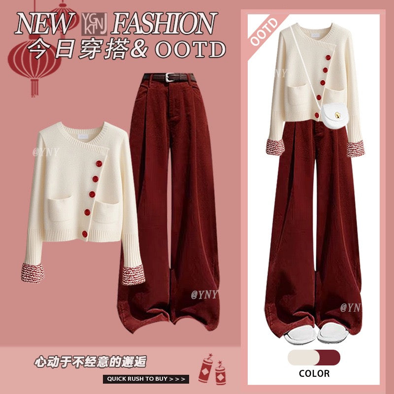 Autumn and winter wear a complete set of women's clothing new gentle sweater knitted cardigan with Christmas red casual pants two-piece set