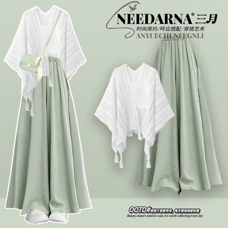 Spring wear suits for women 2025 new niche light luxury shawl small sling with slimming and meat-covering skirt and pants three-piece set