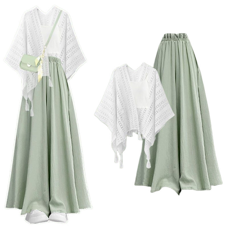 Spring wear suits for women 2025 new niche light luxury shawl small sling with slimming and meat-covering skirt and pants three-piece set