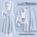 A complete set of summer outfits: new chiffon sun-proof shirt with slim suspenders and temperament commuter skirt and pants three-piece set