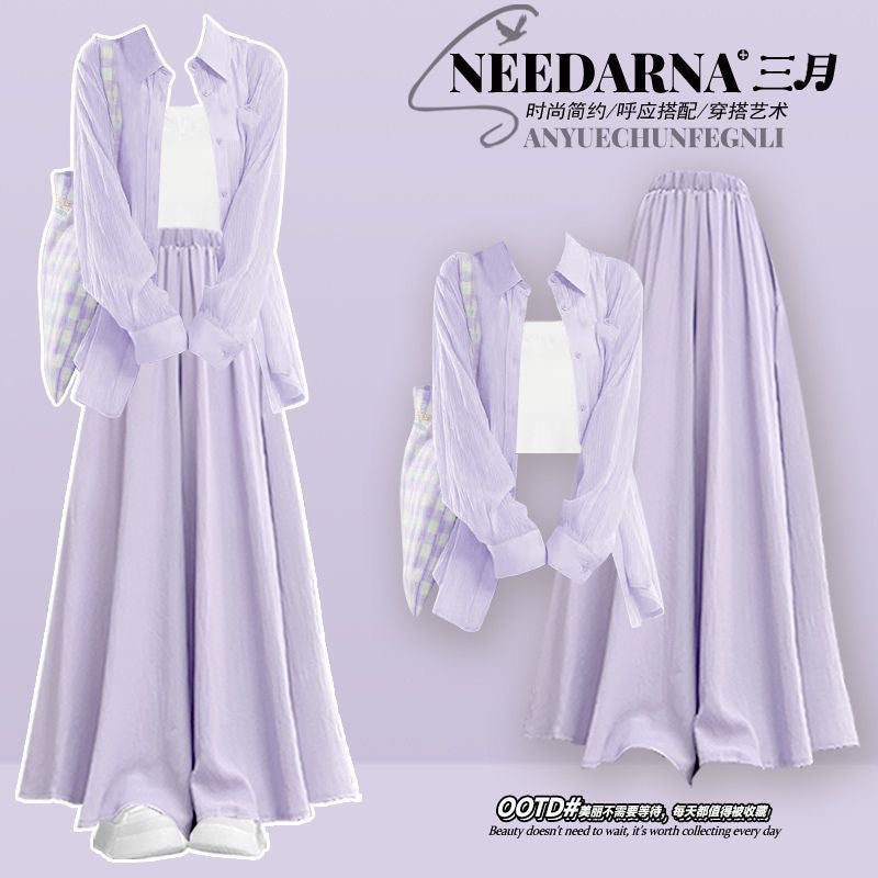 A complete set of summer outfits: new chiffon sun-proof shirt with slim suspenders and temperament commuter skirt and pants three-piece set