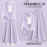 A complete set of summer outfits: new chiffon sun-proof shirt with slim suspenders and temperament commuter skirt and pants three-piece set