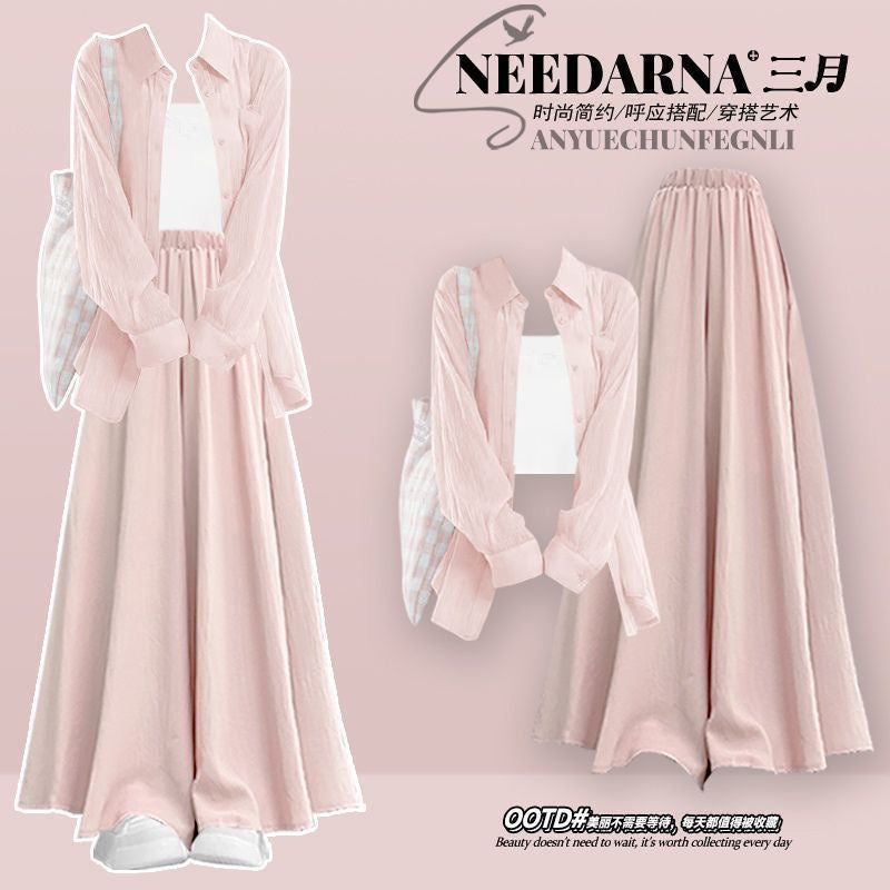 A complete set of summer outfits: new chiffon sun-proof shirt with slim suspenders and temperament commuter skirt and pants three-piece set