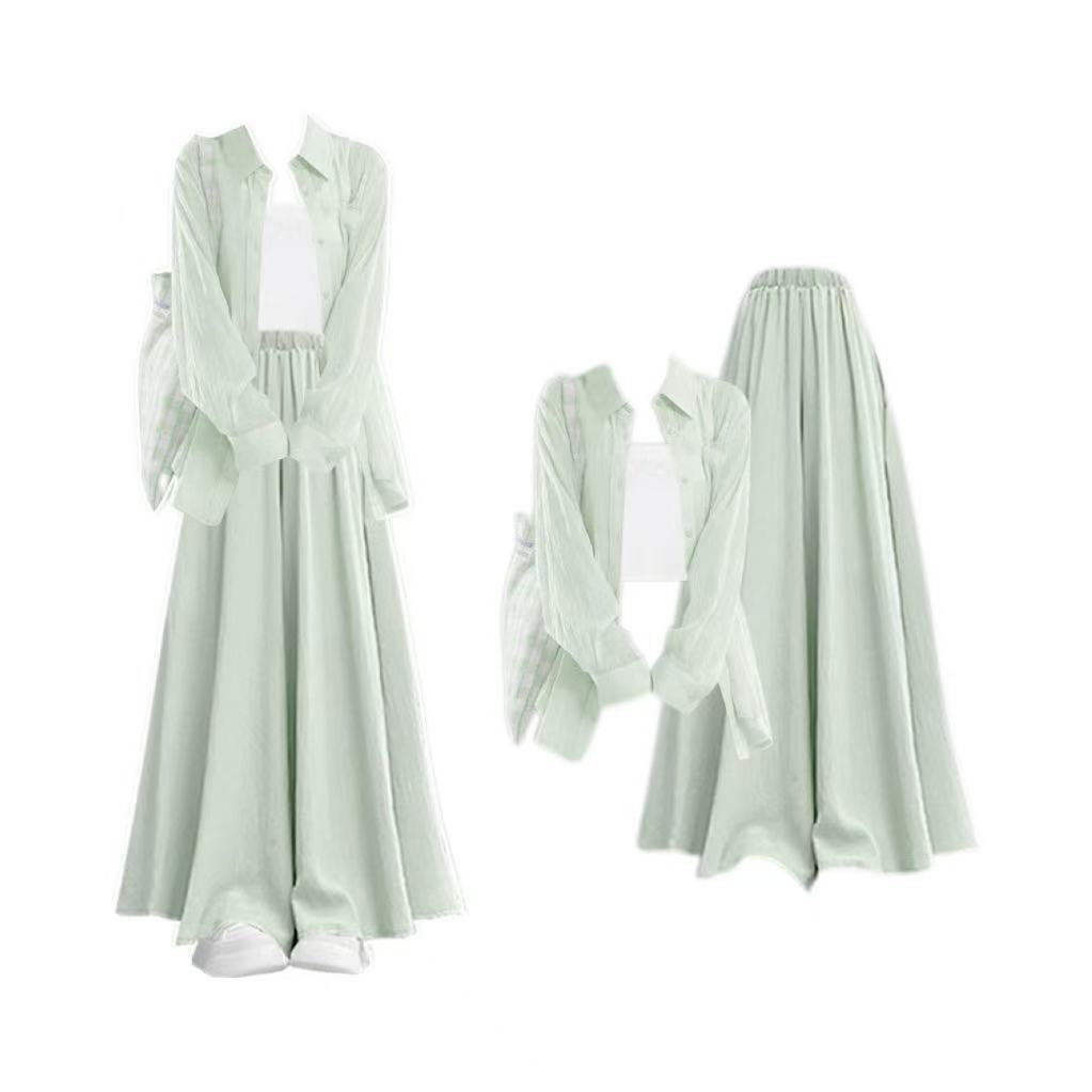 A complete set of summer outfits: new chiffon sun-proof shirt with slim suspenders and temperament commuter skirt and pants three-piece set