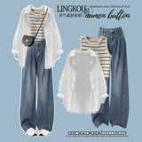 Plus-size summer clothes with a complete set of fat mm age-reducing camisole vest sunscreen shirt denim wide-leg trousers three-piece set