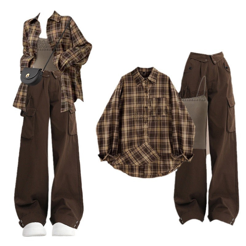 Autumn suit women's 2024 new Maillard wear plaid shirt with suspenders slim overalls three-piece suit