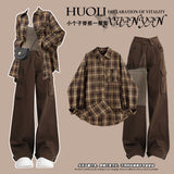 Autumn suit women's 2024 new Maillard wear plaid shirt with suspenders slim overalls three-piece suit