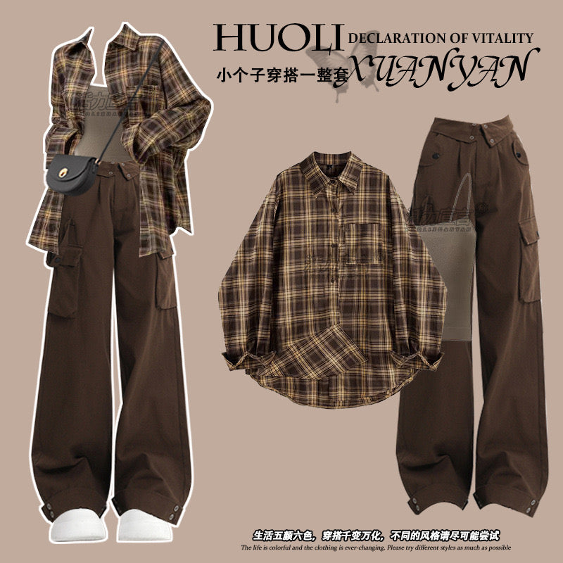 Autumn suit women's 2024 new Maillard wear plaid shirt with suspenders slim overalls three-piece suit