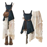 Summer wear a complete set of 2025 new holiday style irregular dress with lace skirt two-piece set
