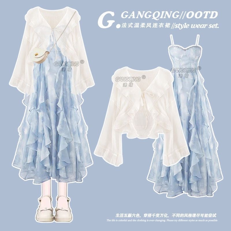 Summer suits for women 2024 new large size women's sun protection shirt top with slimming suspender dress two-piece suit