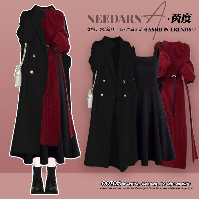Autumn and winter women's 2024 new full set of high-end jacket with knitted skirt and mature style suspender skirt three-piece set