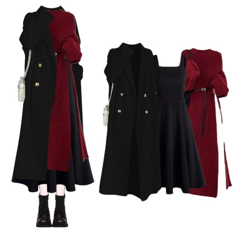Autumn and winter women's 2024 new full set of high-end jacket with knitted skirt and mature style suspender skirt three-piece set