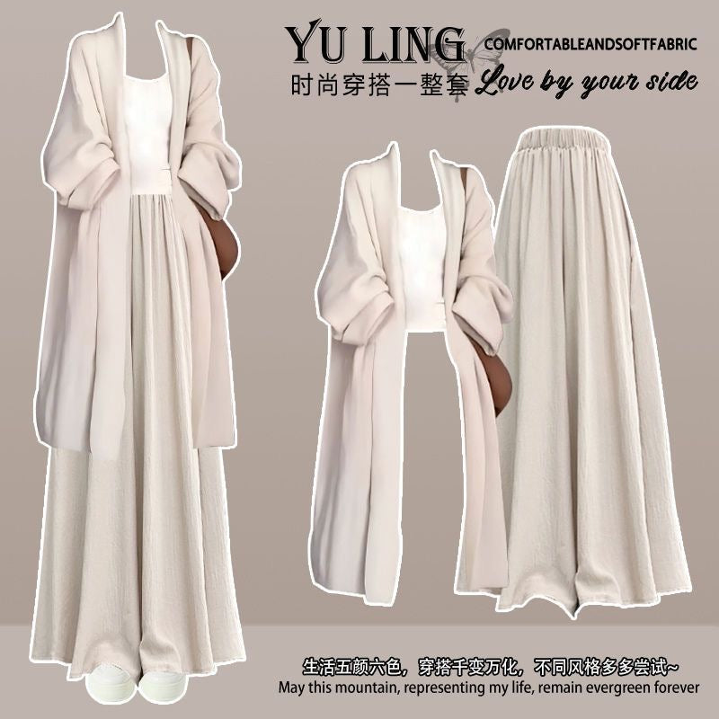 Autumn women's clothing set 2024 new Korean style casual cardigan with suspenders and skirt pants three-piece set