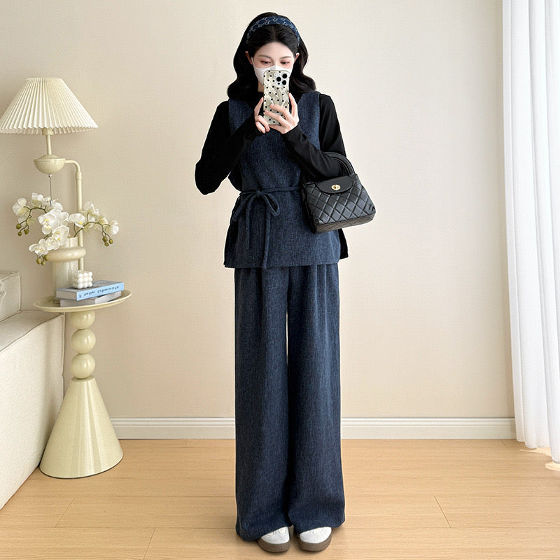 Pregnant women's autumn new denim vest knitted bottoming shirt + loose wide-leg pants lazy style fashionable mom suit