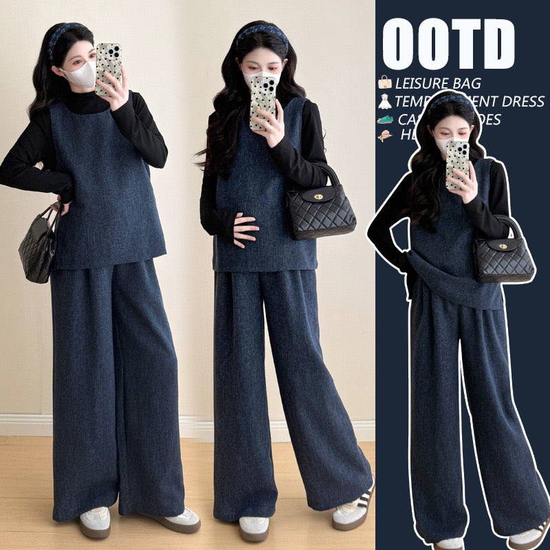 Pregnant women's autumn new denim vest knitted bottoming shirt + loose wide-leg pants lazy style fashionable mom suit