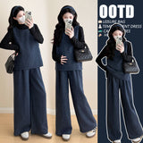 Pregnant women's autumn new denim vest knitted bottoming shirt + loose wide-leg pants lazy style fashionable mom suit
