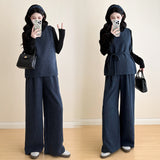 Pregnant women's autumn new denim vest knitted bottoming shirt + loose wide-leg pants lazy style fashionable mom suit