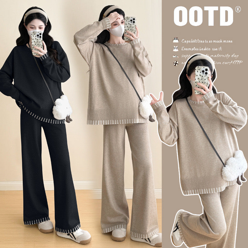 Pregnant women's autumn new loose large size contrast color knitted lazy style temperament casual fashion loose sweater suit