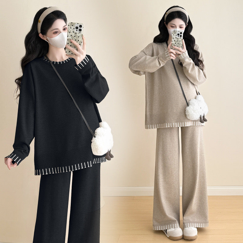 Pregnant women's autumn new loose large size contrast color knitted lazy style temperament casual fashion loose sweater suit