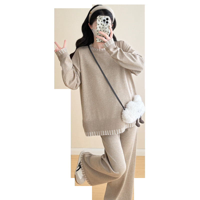 Pregnant women's autumn new loose large size contrast color knitted lazy style temperament casual fashion loose sweater suit