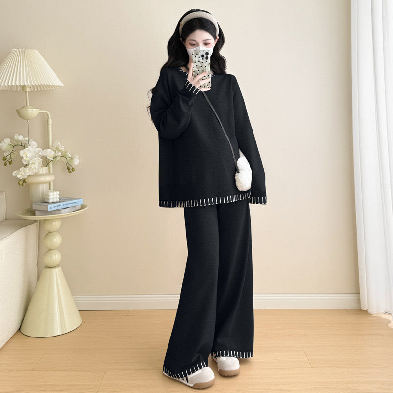 Pregnant women's autumn new loose large size contrast color knitted lazy style temperament casual fashion loose sweater suit