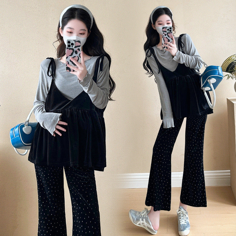 Maternity wear autumn new style camisole top velvet flared pants sweet fashion slim suit for women