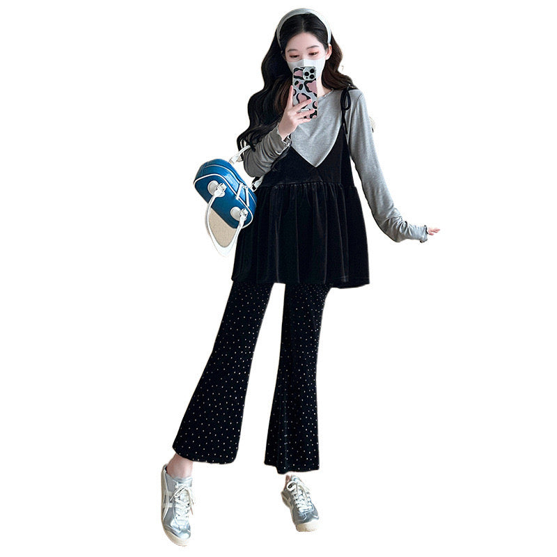 Maternity wear autumn new style camisole top velvet flared pants sweet fashion slim suit for women