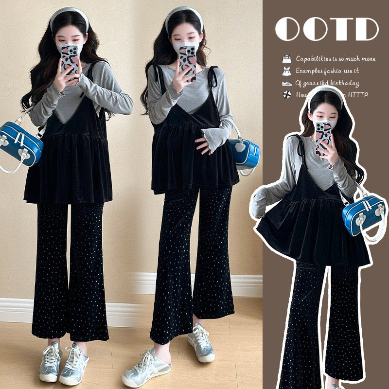 Maternity wear autumn new style camisole top velvet flared pants sweet fashion slim suit for women