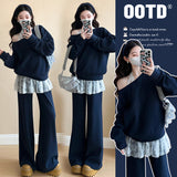 Pregnant women's autumn new fashion oblique shoulder sweatshirt pig nose button adjustable flared pants suit lace halter neck inner suit