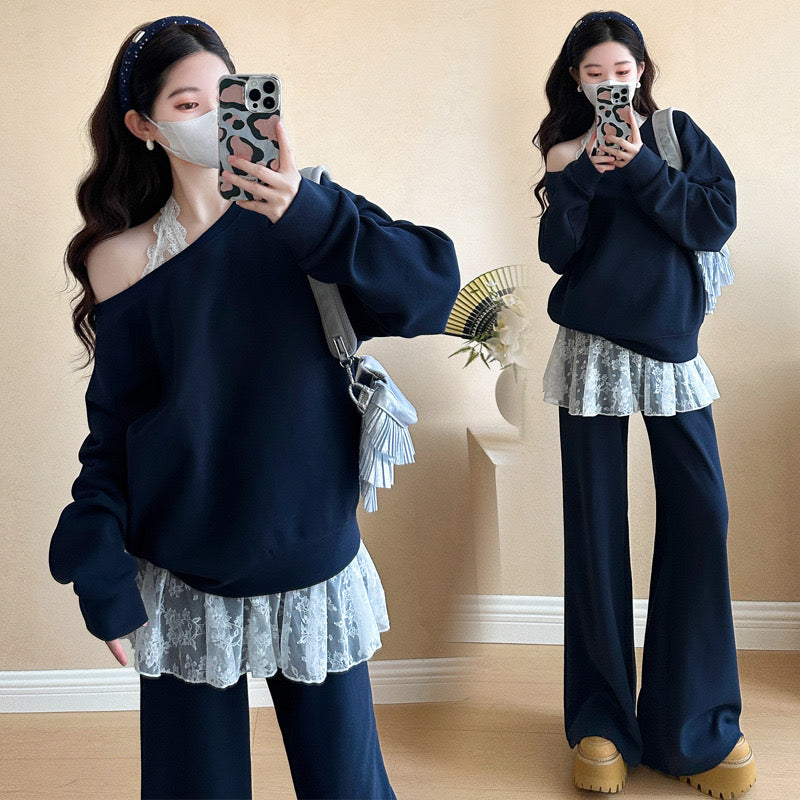 Pregnant women's autumn new fashion oblique shoulder sweatshirt pig nose button adjustable flared pants suit lace halter neck inner suit
