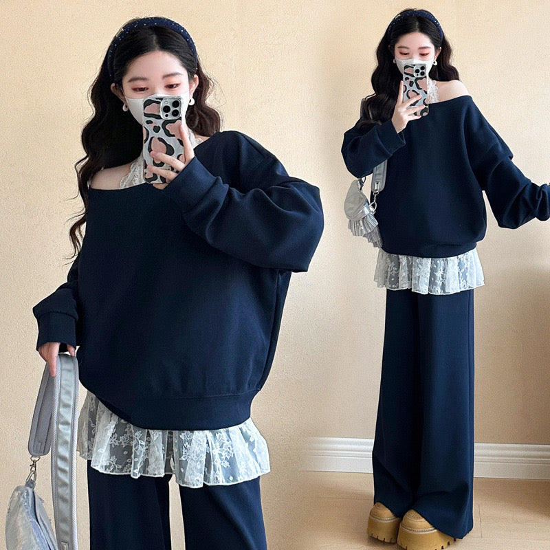 Pregnant women's autumn new fashion oblique shoulder sweatshirt pig nose button adjustable flared pants suit lace halter neck inner suit