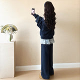 Pregnant women's autumn new fashion oblique shoulder sweatshirt pig nose button adjustable flared pants suit lace halter neck inner suit
