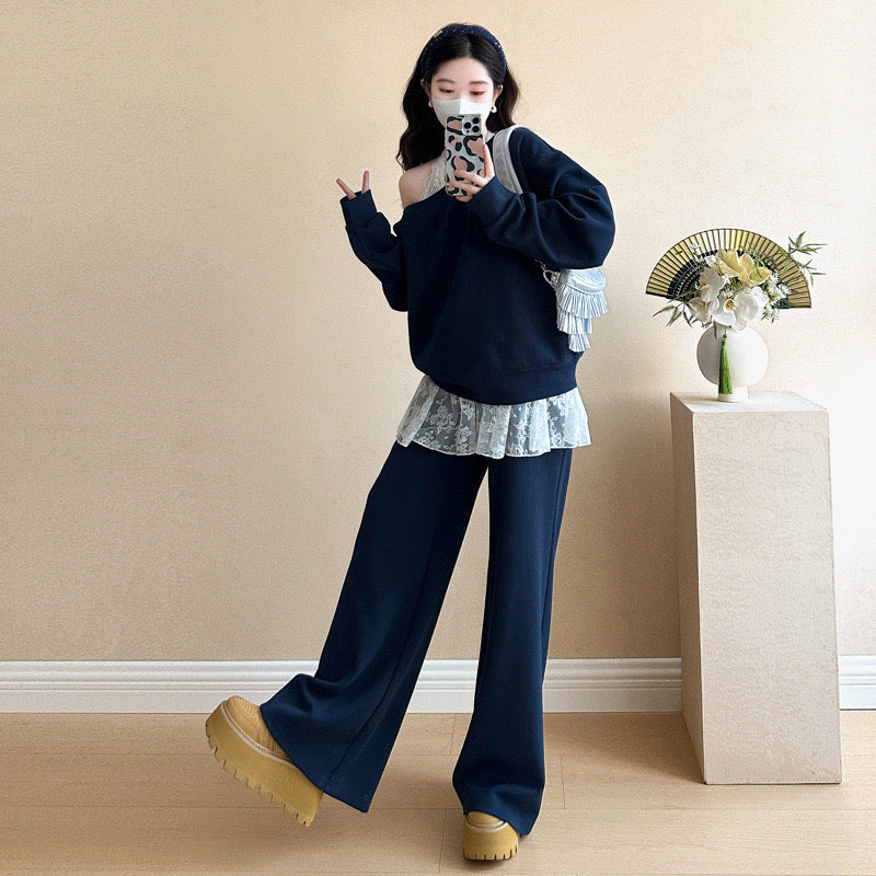 Pregnant women's autumn new fashion oblique shoulder sweatshirt pig nose button adjustable flared pants suit lace halter neck inner suit