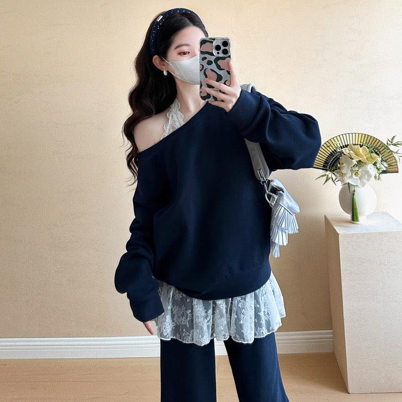 Pregnant women's autumn new fashion oblique shoulder sweatshirt pig nose button adjustable flared pants suit lace halter neck inner suit