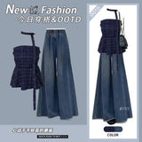 Summer retro contrast color hot girl plaid tube top vest women's clothing with high waist drape jeans two-piece set