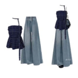 Summer retro contrast color hot girl plaid tube top vest women's clothing with high waist drape jeans two-piece set