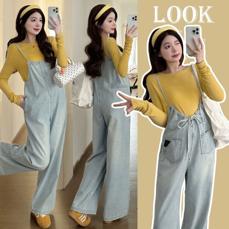 Maternity wear autumn new maternity fashion denim overalls + bottoming top sweet trendy mom pregnant women suit female