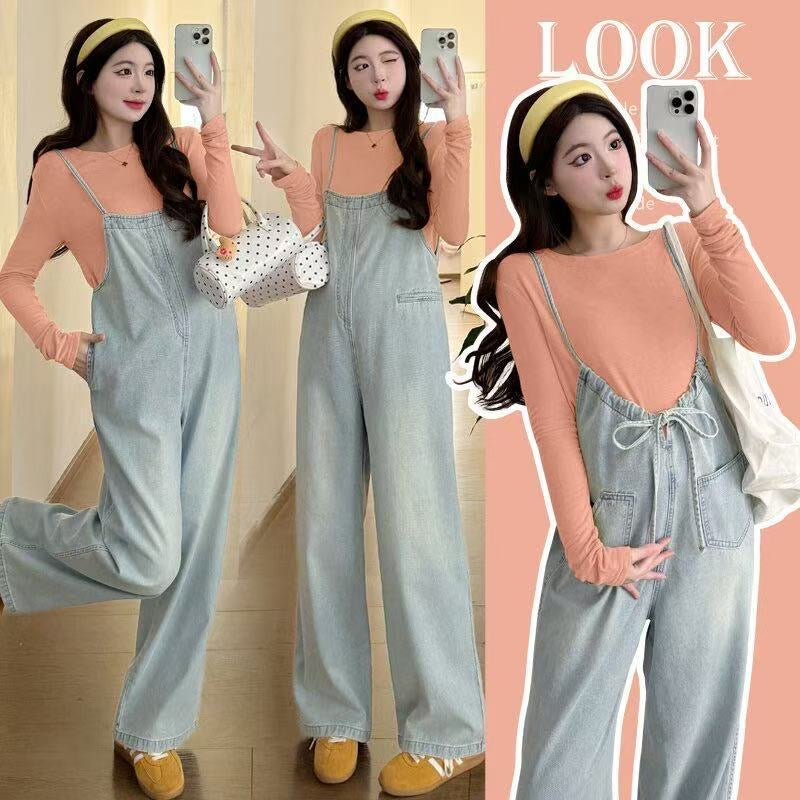 Maternity wear autumn new maternity fashion denim overalls + bottoming top sweet trendy mom pregnant women suit female