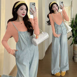 Maternity wear autumn new maternity fashion denim overalls + bottoming top sweet trendy mom pregnant women suit female